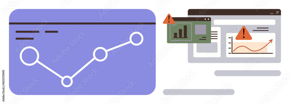 Poster data chart with line graph, browser windows with warning icons highlighting errors or issues. ideal 