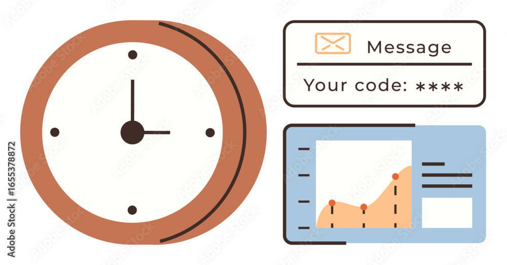 Aufkleber analog clock, notification with code, and analytics chart highlight organization, security, and perf