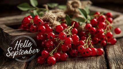 Red Berries on Rustic Wooden Surface with Green Leaves and Hello September Text