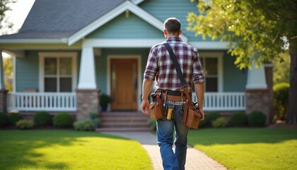 Pro handyman with tool bag walks towards house front door. Builder contractor carries equipment, ready for job occupation. Male engineer wears tool belt. Residential renovation work, men at work