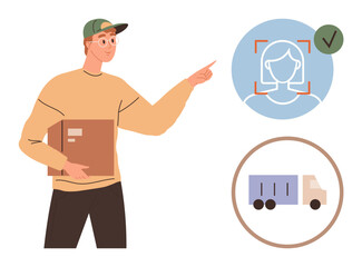 Young delivery worker with package pointing at facial recognition icon and a verified delivery truck. Ideal for logistics, shipping, delivery service, technology, efficiency, tracking, online