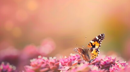 Obraz premium A beautiful butterfly rests on a cluster of pink flowers with a soft, blurred background