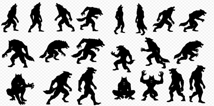 A collection of black werewolf silhouettes in various dynamic poses, including howling, running, walking, and crouching, on a transparent background.