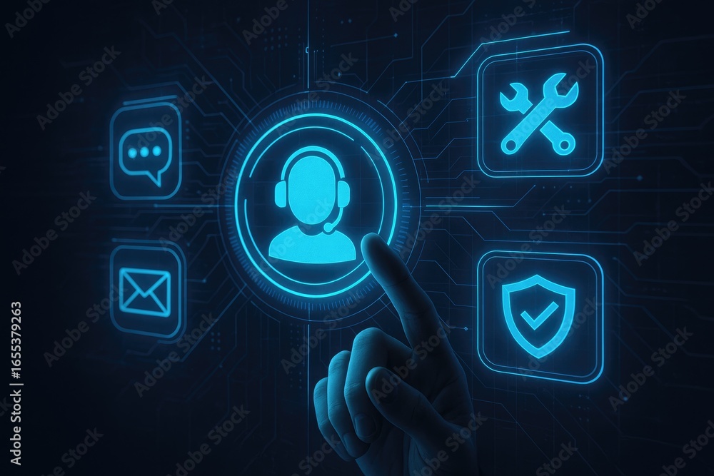 Poster finger selecting a customer support icon on a digital service network interface technology