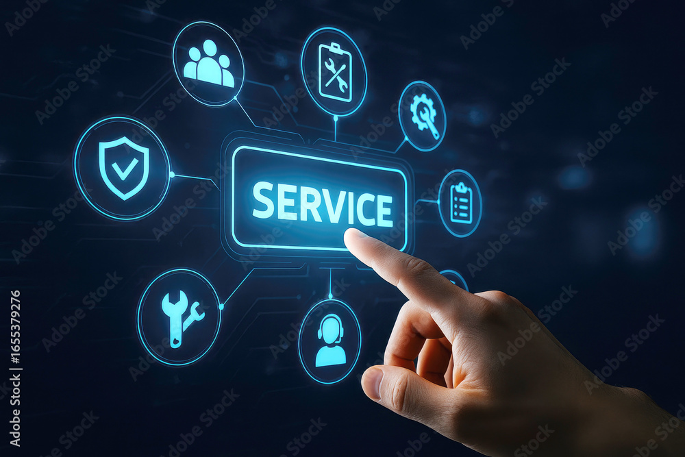 Poster finger touching the word service on a digital interface with interconnected icons service technology
