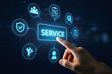 Finger touching the word SERVICE on a digital interface with interconnected icons service technology