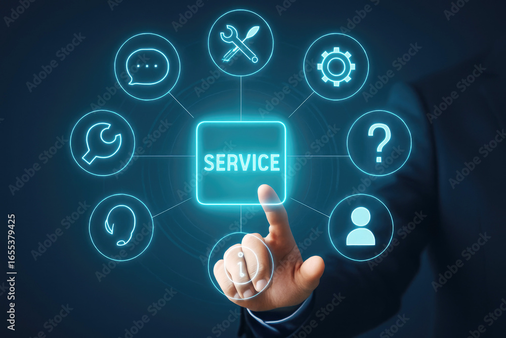 Poster hand touching glowing service icons connected to central service button on dark background support c