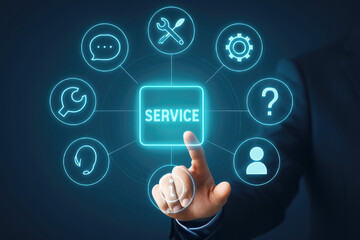 Hand touching glowing service icons connected to central service button on dark background support customer
