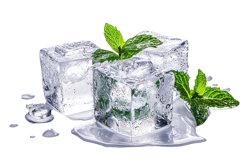 PNG Three ice cubes with mint leaves plant herbs leaf.