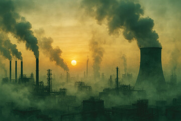 Industrial factory complex shrouded in green-tinted smog with smoking chimneys at sunrise pollution smoke