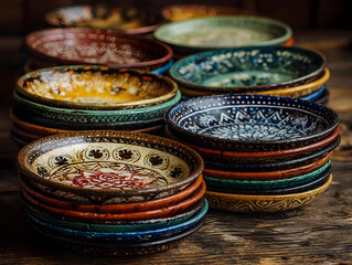 Colorful ceramic dinnerware featuring ethnic patterns displayed boho style, on rustic wooden surface, highlighting artisan craftsmanship and vibrant design elements