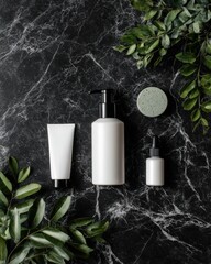 Elegant Arrangement of Skincare Products with Greenery on Dark Marble Surface in Minimalistic Style