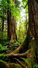 Lush forest floor with towering trees