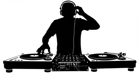Silhouette of dj with headphones at turntables mixing music in a dark room with a white background vreated with genrated ai