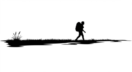Silhouette of a person with backpack walking across a field of grass and reeds in black and white vreated with genrated ai