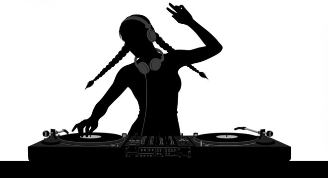 Silhouette of a dj with headphones and braids performing on turntables with a peace sign gesture vreated with genrated ai