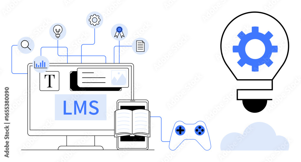 Poster computer with lms interface, book, and game controller connected by icons and a lightbulb with gear 