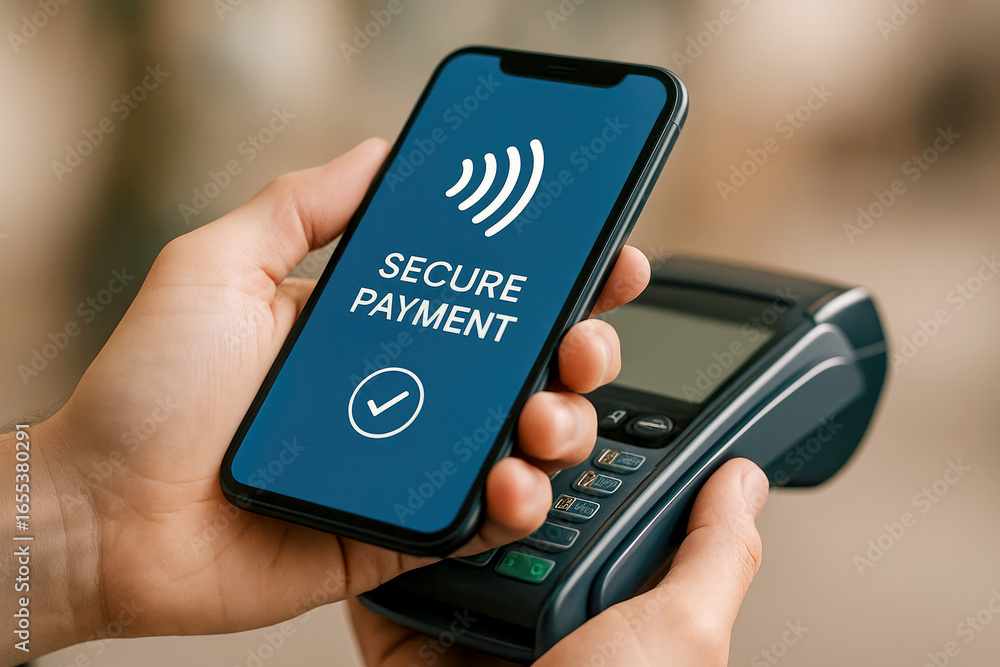 Poster person using smartphone with secure payment confirmation near payment terminal for contactless trans