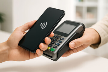 Person using smartphone for contactless payment at a point of sale terminal nfc payment mobile payment