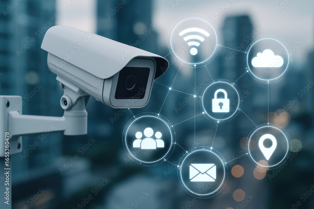 Poster security camera with connected digital icons representing surveillance and smart technology keywords