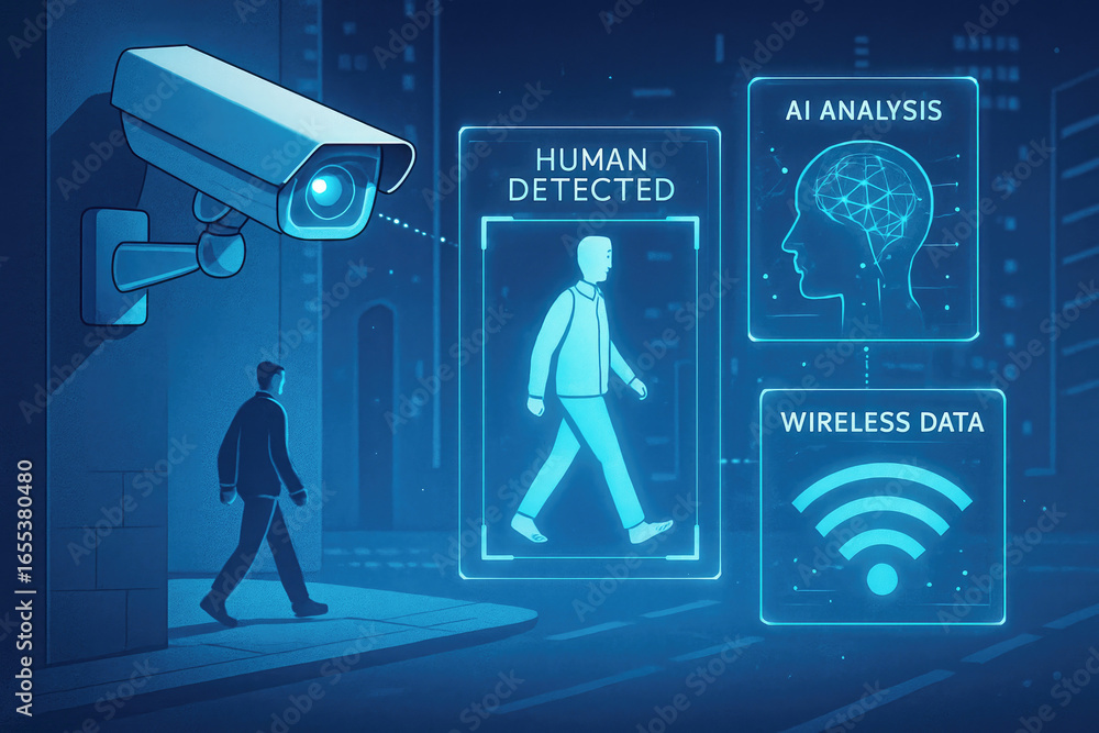 Poster security camera monitoring human movement with ai analysis and wireless data transfer surveillance t