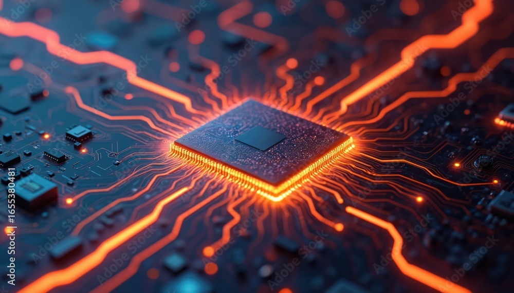 Poster glowing circuit board with central processor unit, illuminated by vibrant orange energy flowing thro