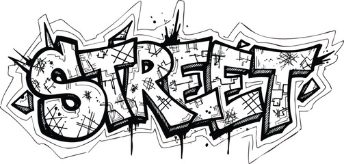 An urban street art illustration of the word STREET in a bold, black and white graffiti lettering style with drips and cracks.