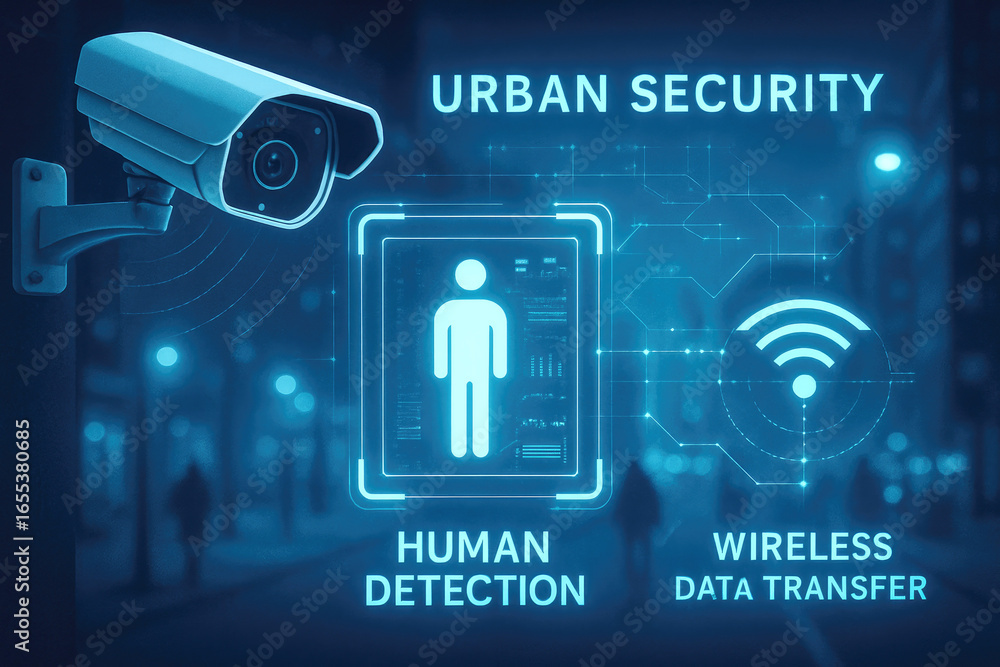 Poster urban security camera with human detection and wireless data transfer graphics surveillance technolo