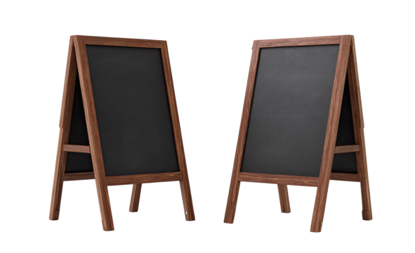 Two wooden A-frame chalkboards, dark gray/black surfaces, angled view
