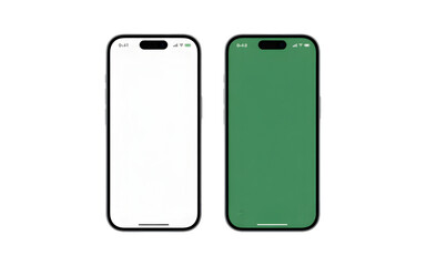 Modern smartphones display blank white and green screens side by side for creative app design