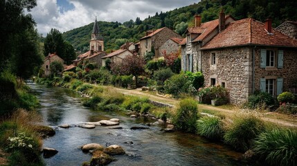 Fototapeta premium Picturesque Village Scene along the River with Traditional Architecture and Lush Greenery on a Summer Day