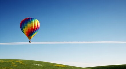 Obraz premium Vibrant Hot Air Balloon Soaring Gracefully Across a Vast Azure Sky Above Rolling Green Hills, Symbolizing Freedom, Adventure, and the Beauty of Open Landscapes.