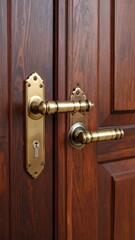 Wooden door with ornate brass handles