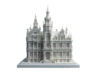 Detailed white 3D model of a European city hall.  Ornate facade, multiple towers, clock,  and intricate architectural details