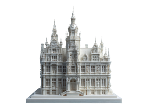 Detailed white 3D model of a European city hall.  Ornate facade, multiple towers, clock,  and intricate architectural details