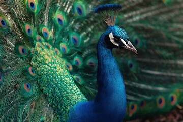 Obraz premium Elegant Peacock Displaying Feathers: Vibrant Plumage and Intricate Details for Wildlife and Nature Photography