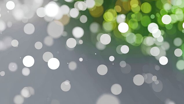 Abstract bokeh image with out-of-focus white and green circles on a grey background, suggesting light and depth