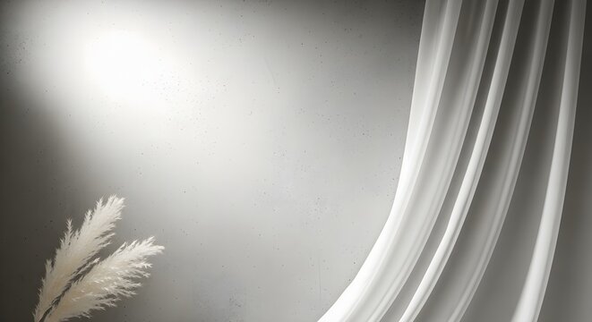 Soft white curtains gently sway in a spotlight, creating an ethereal and tranquil atmosphere with wispy pampas grass.