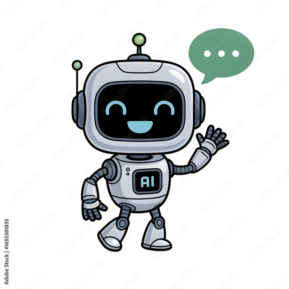 Poster friendly ai robot waves hello with a cheerful greeting bubble, perfect for tech innovation