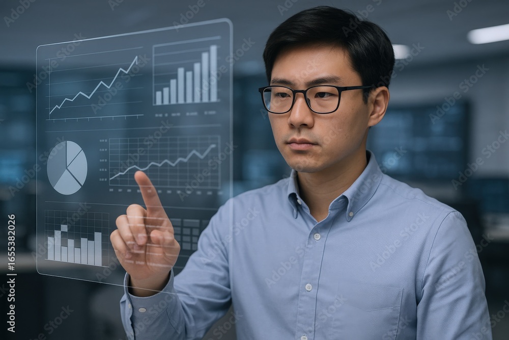 Poster asian businessman interacting with holographic data visualization interface for business analytics a