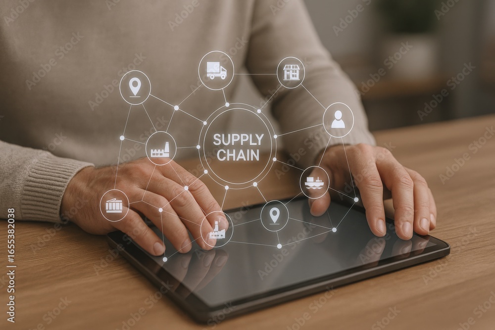 Poster supply chain management concept: man using tablet with digital network overlaying tabletop for busin