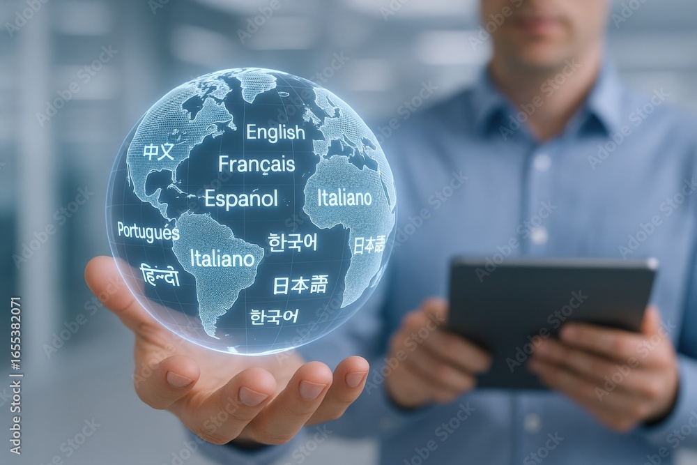 Poster globalization concept: man holds holographic globe displaying multiple languages while holding table