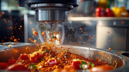 Industrial food processor adding spices to bowl of dish in a commercial kitchen