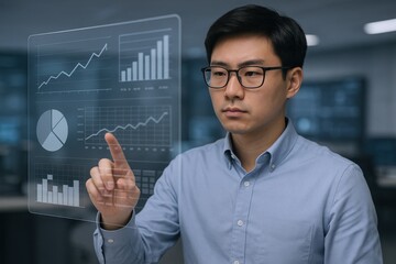 Asian Businessman Interacting with Holographic Data Visualization Interface for Business Analytics and Strategy Planning