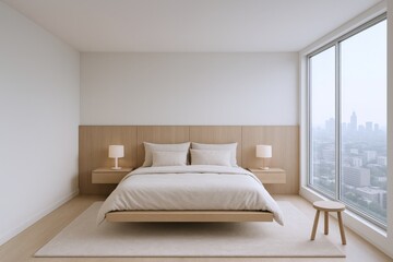 Modern Bedroom Interior with City View, Featuring Neutral Colors and Minimalist Design, Ideal for Relaxation and Comfort