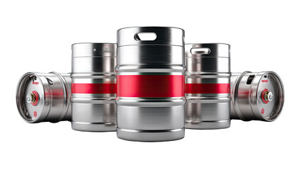 Four stainless steel beer kegs, arranged closely together, showcasing a red band around the middle of each
