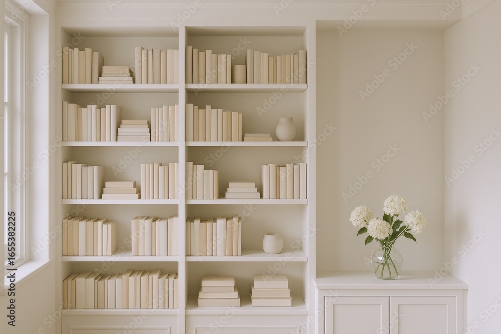 Poster elegant bookshelf filled with books and decorative items, displaying organization and style in a neu