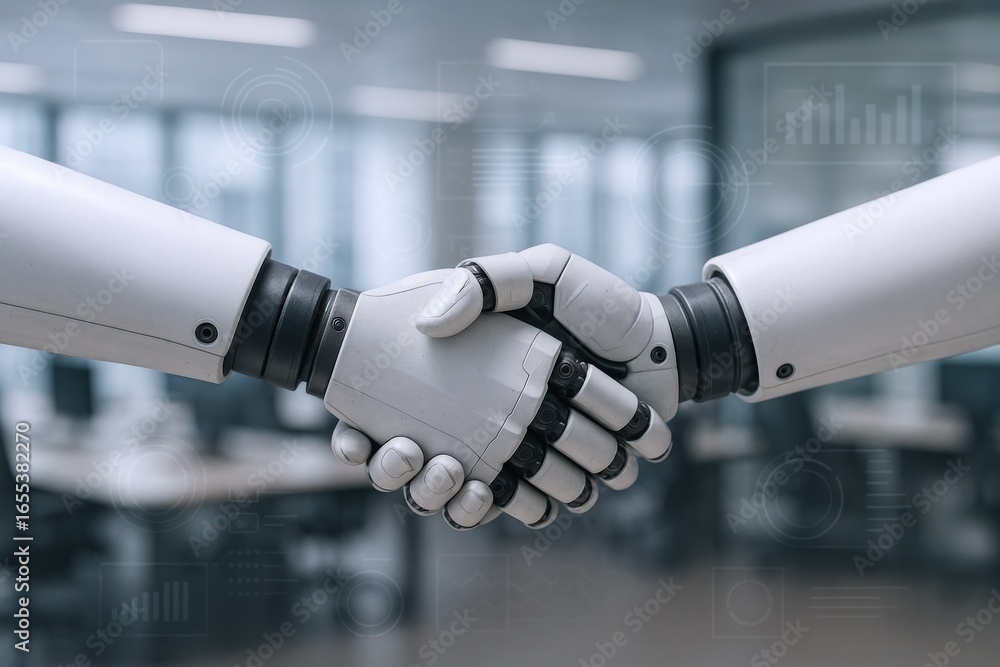 Aufkleber robot and human handshake in modern office setting: artificial intelligence collaboration and future