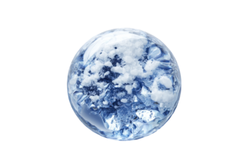 A stylized, icy globe.  A blue sphere depicts a stylized, frosted Earth, with clouds and landmasses obscured by ice