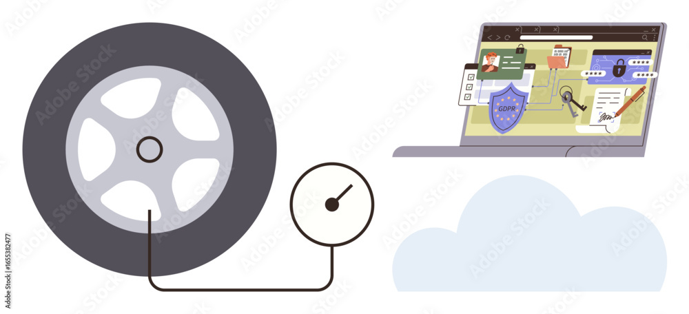 Poster tire linked to pressure gauge, alongside laptop displaying secure network, cloud, and login credenti